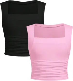 Floerns Girl's 2 Pcs Sleeveless Shirts Square Neck Solid Ruched Tank Top