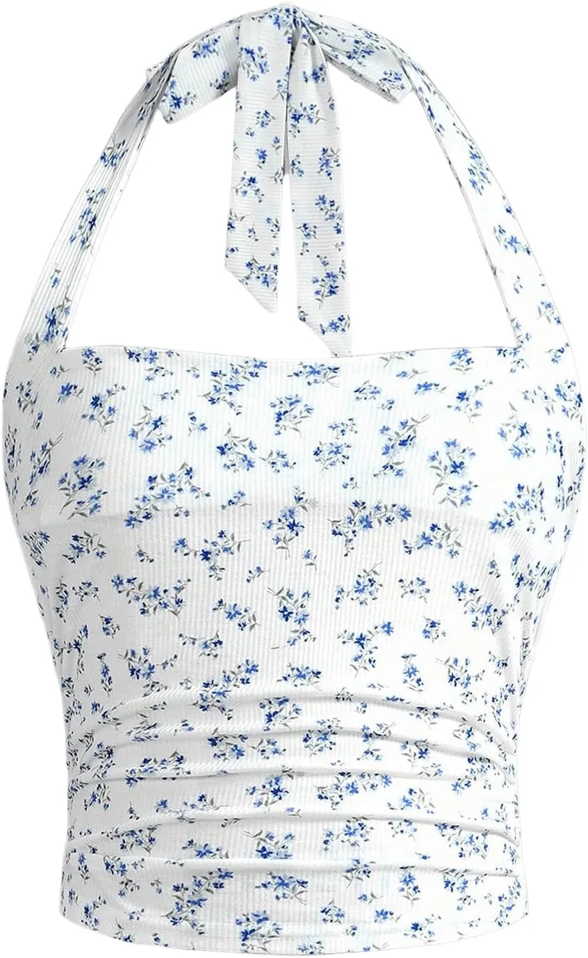 Floerns Girl's Eyelet Embroidery Sleeveless Halter Vest Solid Ruched Crop Tank Top