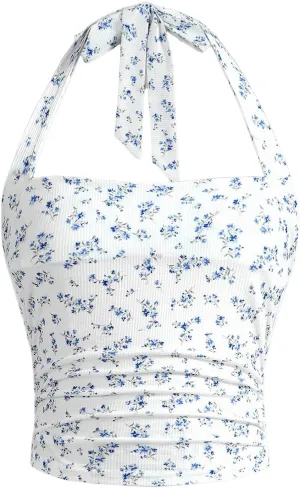 Floerns Girl's Eyelet Embroidery Sleeveless Halter Vest Solid Ruched Crop Tank Top