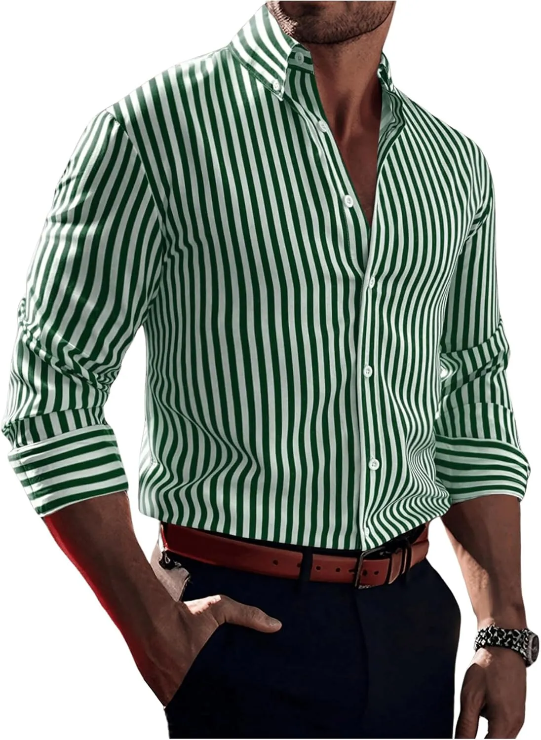 Floerns Men's Striped Print Button Front Collared Long Sleeve Shirt Top