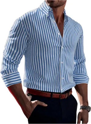 Floerns Men's Striped Print Button Front Collared Long Sleeve Shirt Top