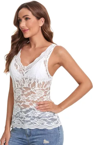 Floerns Women's Contrast Lace Sleeveless Scalloped Hem V Neck Sheer Tank Top