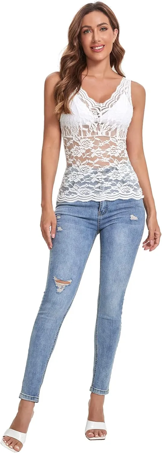 Floerns Women's Contrast Lace Sleeveless Scalloped Hem V Neck Sheer Tank Top