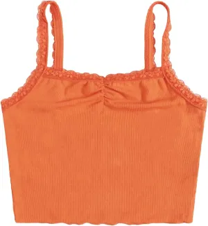 Floerns Women's Contrast Lace Spaghetti Strap Ruched Rib Knit Cami Crop Top