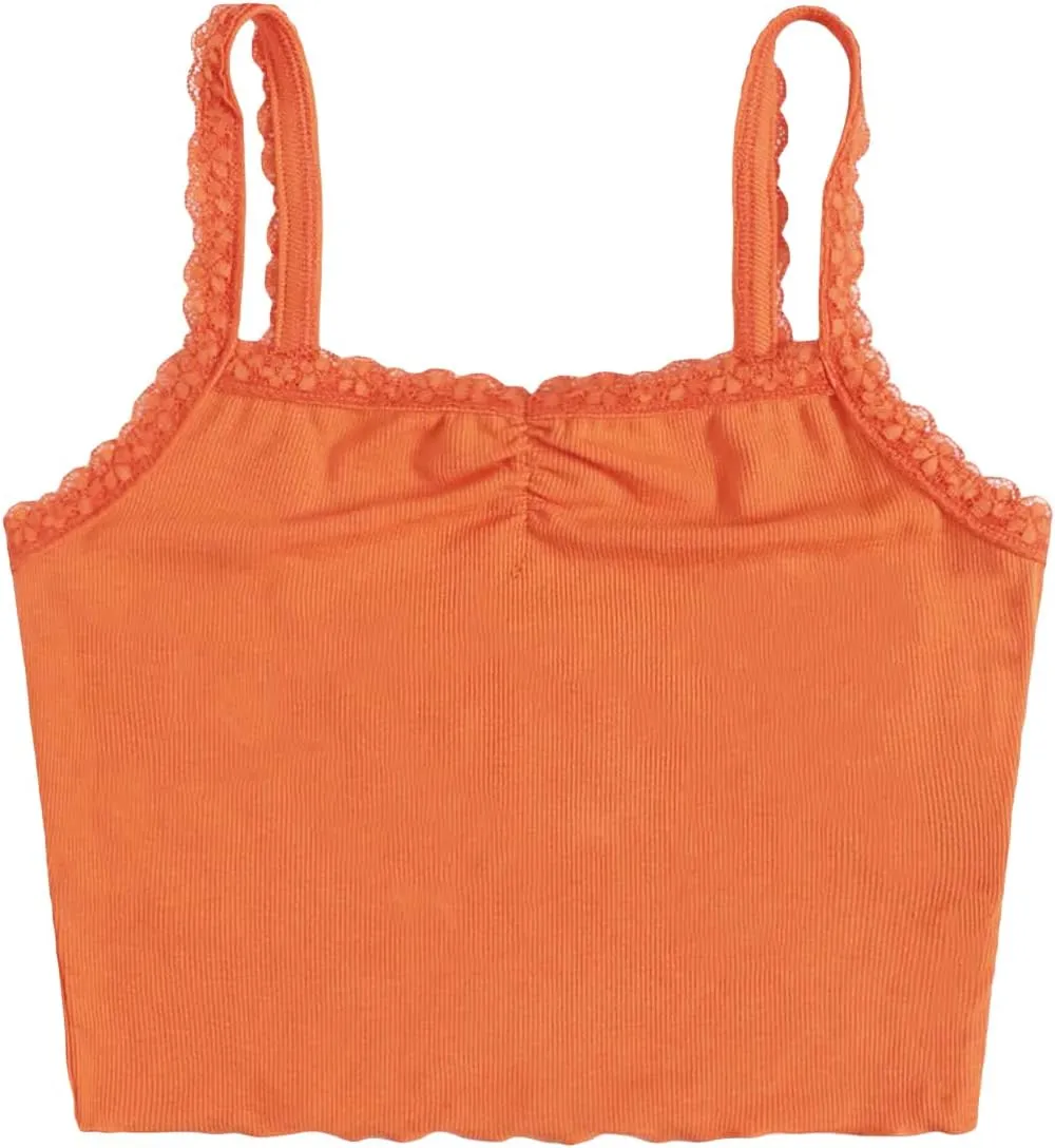 Floerns Women's Contrast Lace Spaghetti Strap Ruched Rib Knit Cami Crop Top