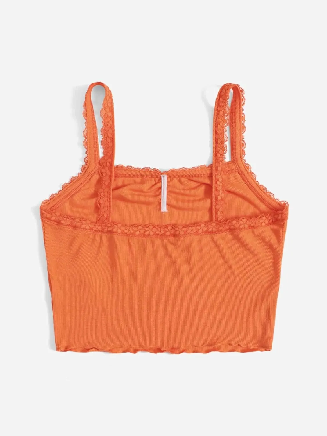 Floerns Women's Contrast Lace Spaghetti Strap Ruched Rib Knit Cami Crop Top