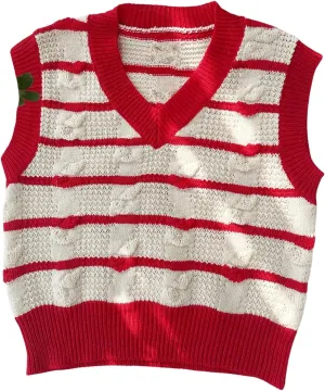 Floerns Women's Cute Heart Print V Neck Sleeveless Sweater Vest Knit Top