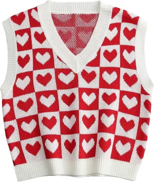 Floerns Women's Cute Heart Print V Neck Sleeveless Sweater Vest Knit Top