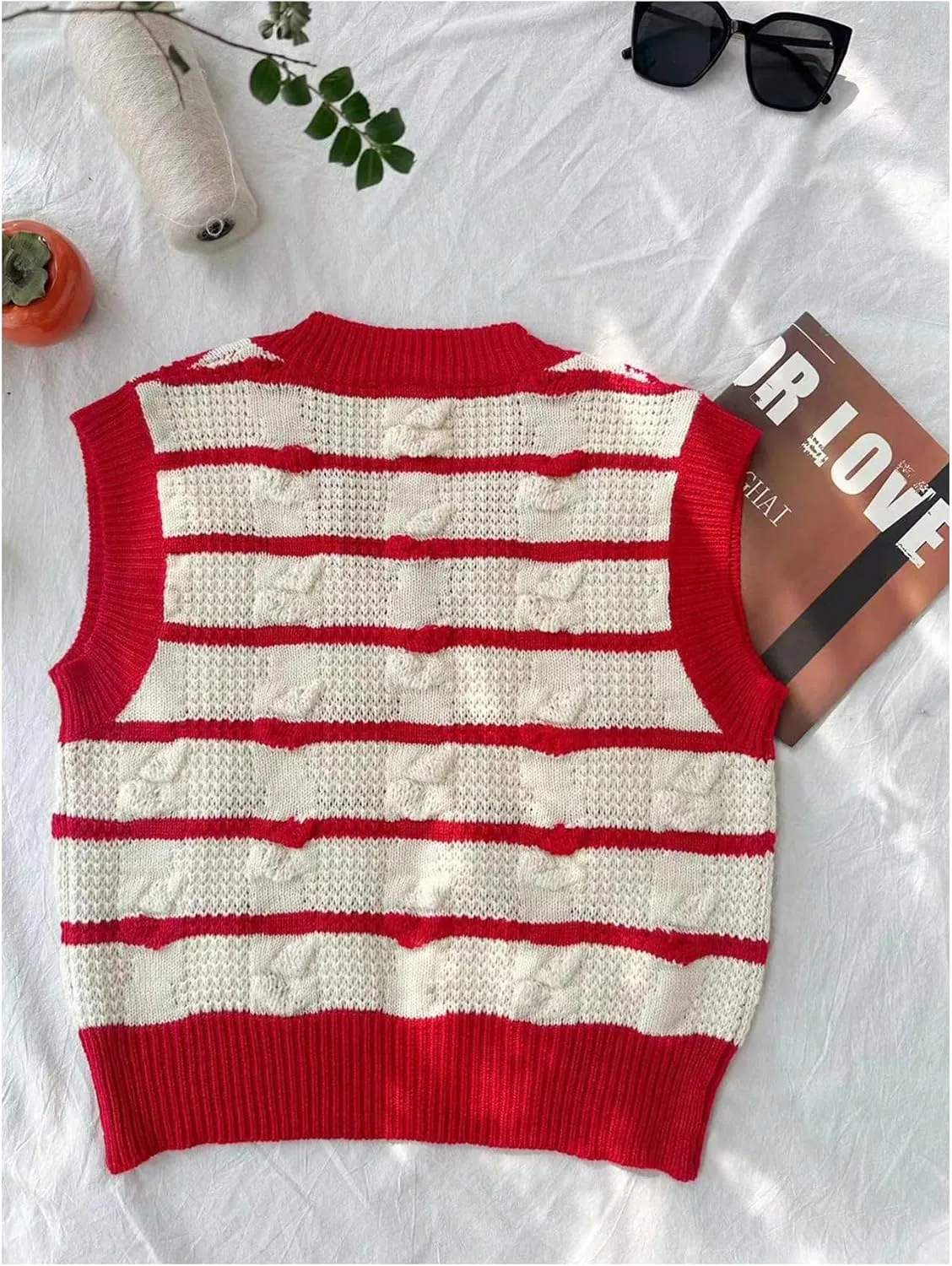 Floerns Women's Cute Heart Print V Neck Sleeveless Sweater Vest Knit Top