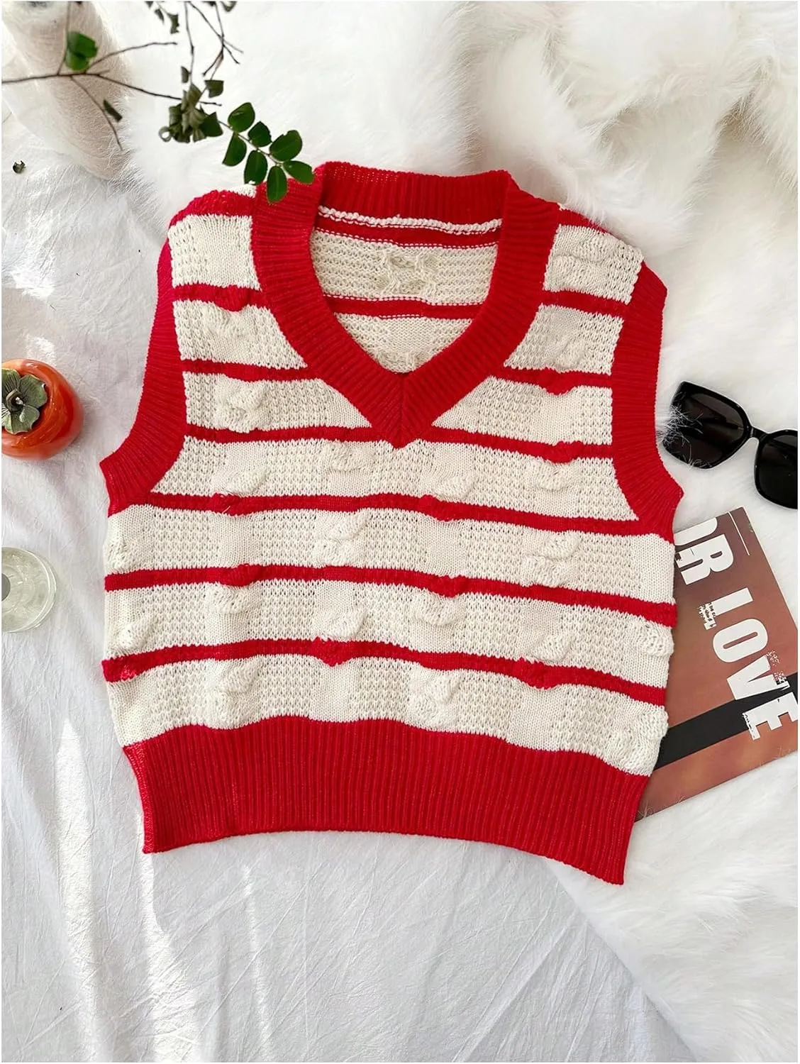 Floerns Women's Cute Heart Print V Neck Sleeveless Sweater Vest Knit Top