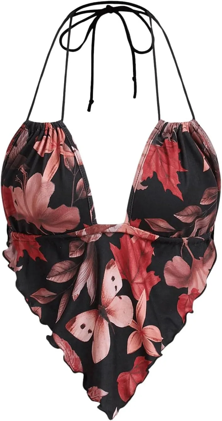 Floerns Women's Floral Print Sleeveless Halter Camisole Y2k Hanky Hem Summer Cami Top