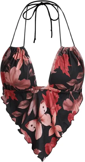 Floerns Women's Floral Print Sleeveless Halter Camisole Y2k Hanky Hem Summer Cami Top