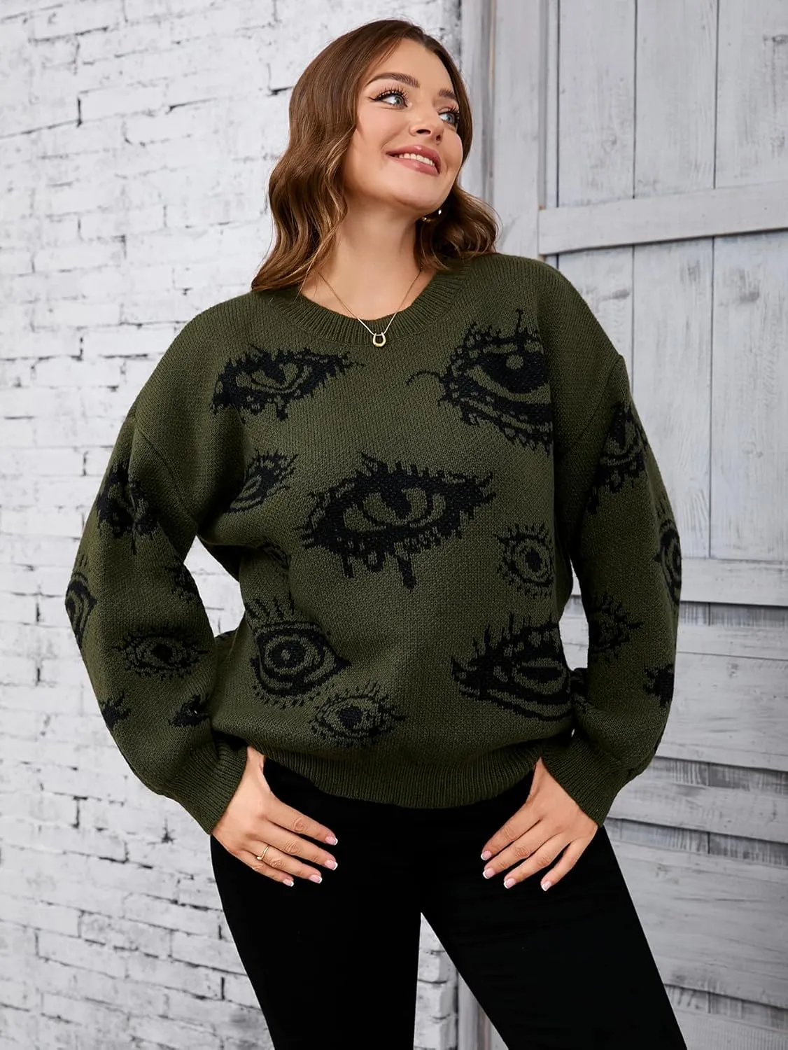 Floerns Women's Plus Size Grunge Punk Print Long Sleeve Pullover Sweater Top