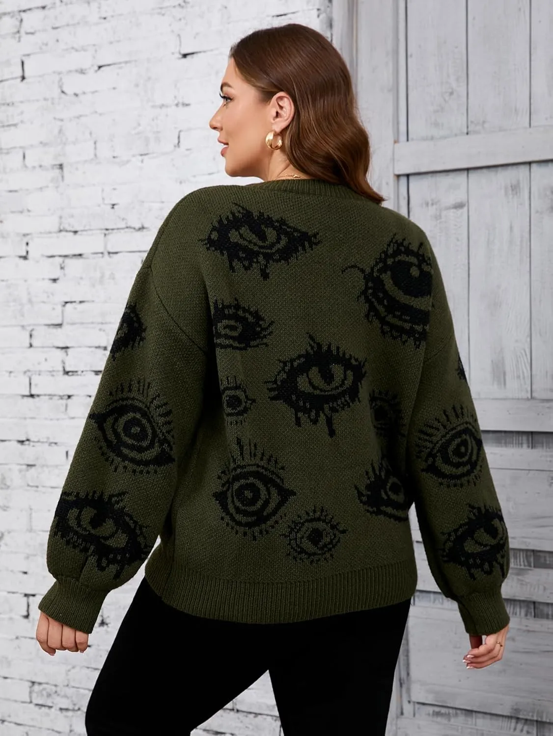 Floerns Women's Plus Size Grunge Punk Print Long Sleeve Pullover Sweater Top