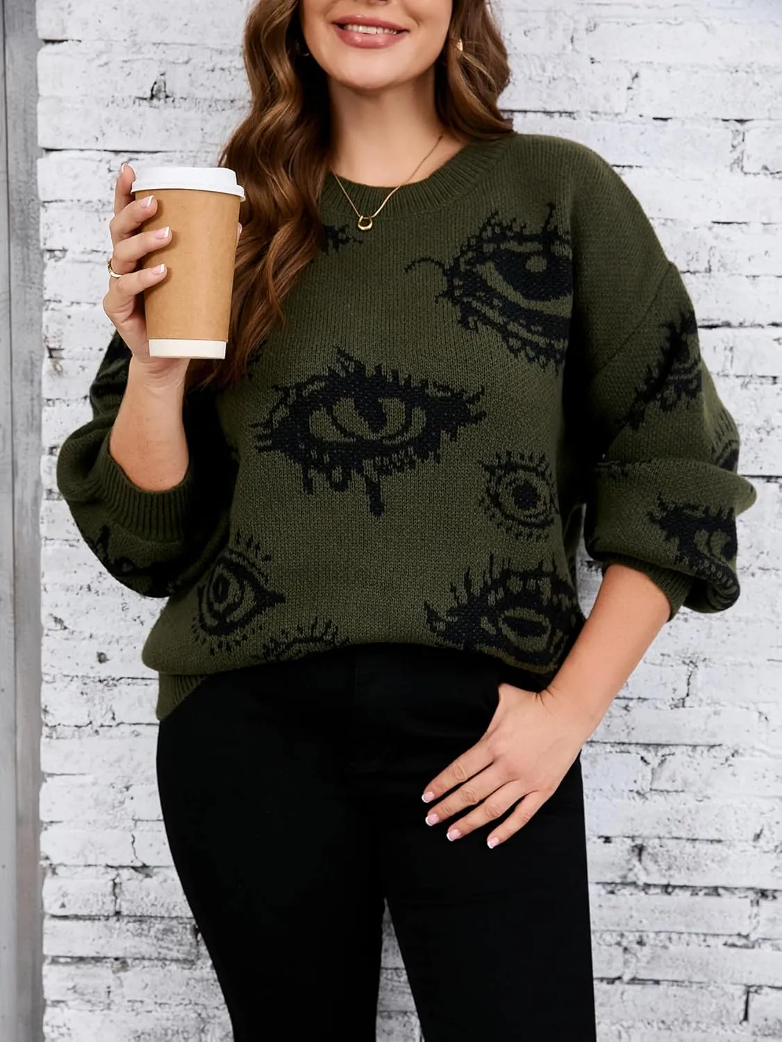 Floerns Women's Plus Size Grunge Punk Print Long Sleeve Pullover Sweater Top