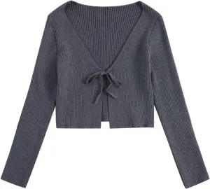 Floerns Women's Tie Front Long Sleeve Rib Knit Shrug Sweaters Cardigan Crop Top