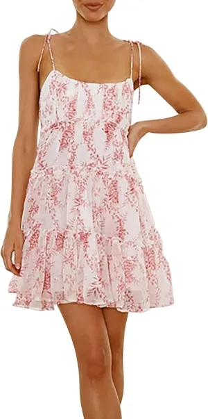 Floral Dress for Women Adjustable Spaghetti Strap Sexy Low-Cut Mini Dress Summer Tiered Flowy Boho Beach Sundresses