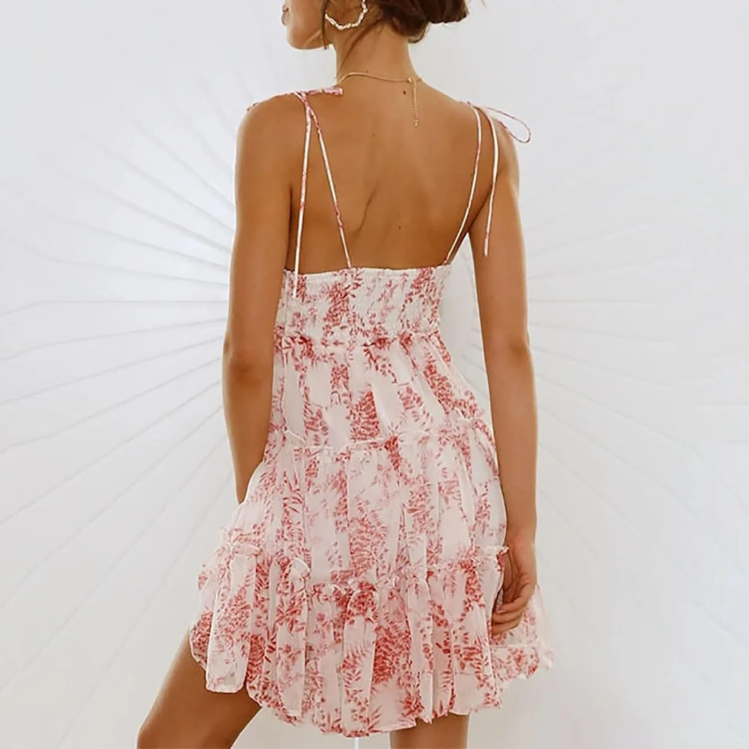 Floral Dress for Women Adjustable Spaghetti Strap Sexy Low-Cut Mini Dress Summer Tiered Flowy Boho Beach Sundresses