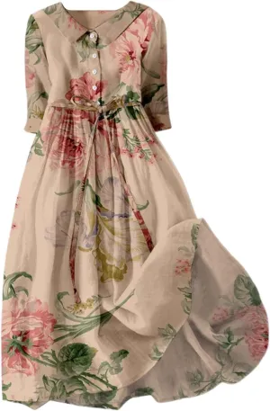 Floral Dress for Women Button Down Polo Neck Half Sleeve Midi Dresses with Belt High Waist Plus Size Summer Dresses