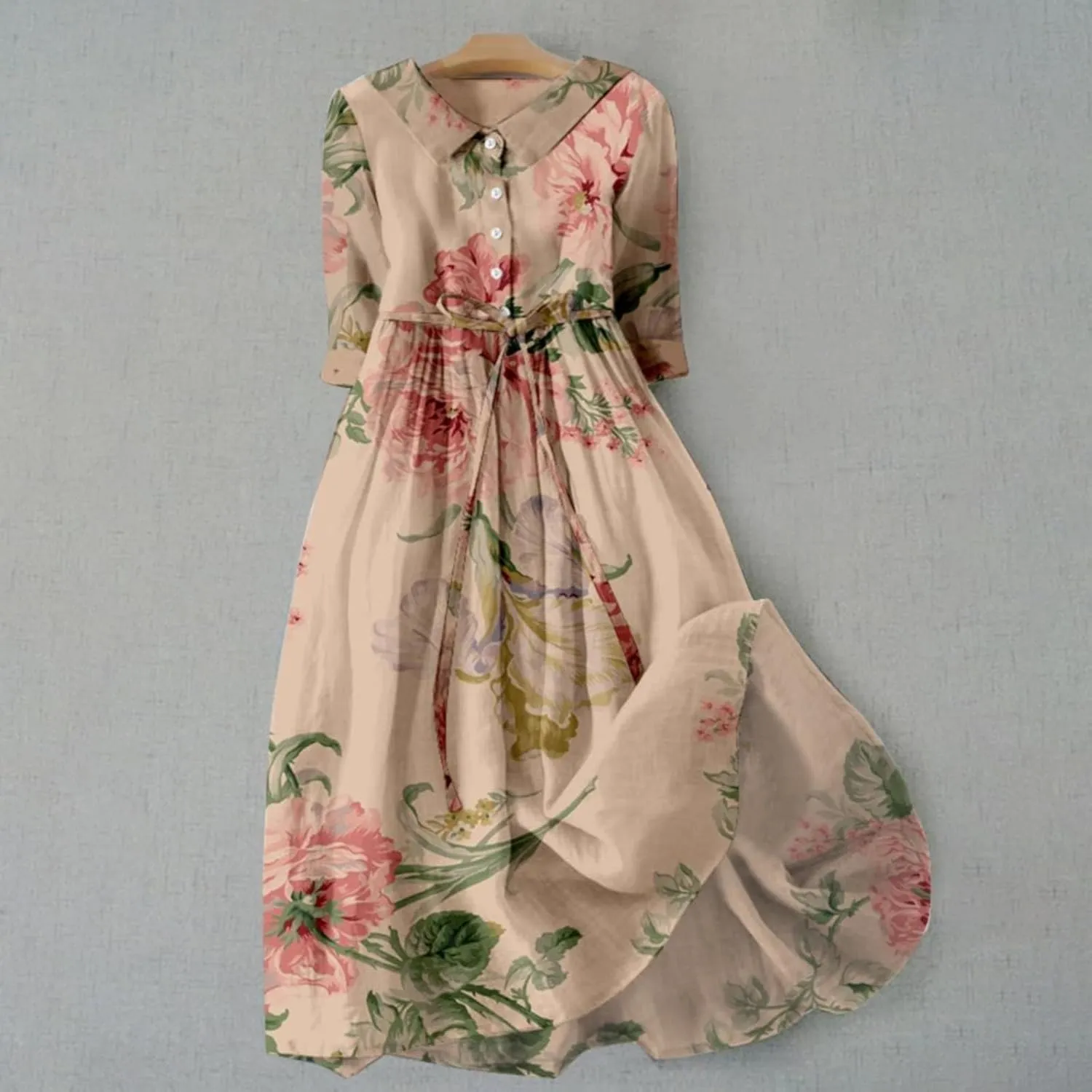 Floral Dress for Women Button Down Polo Neck Half Sleeve Midi Dresses with Belt High Waist Plus Size Summer Dresses