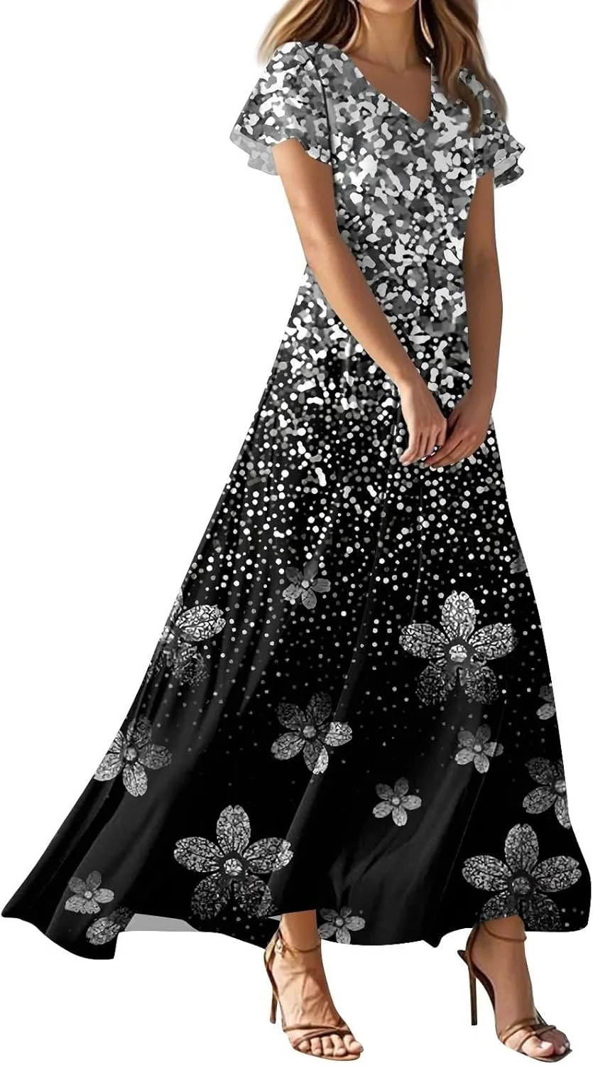 Floral Dress for Women V Neck Flutter Sleeve Boho Midi Dress Summer Wedding Guest Beach Party Long Dresses