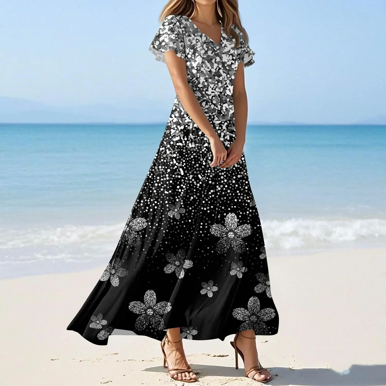 Floral Dress for Women V Neck Flutter Sleeve Boho Midi Dress Summer Wedding Guest Beach Party Long Dresses