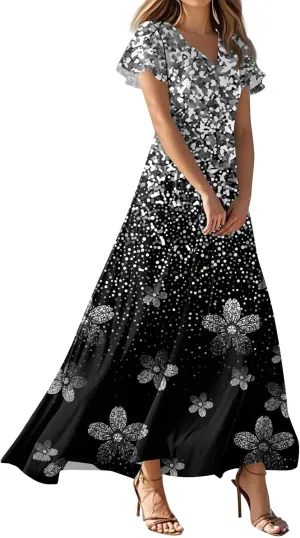 Floral Dress for Women V Neck Flutter Sleeve Boho Midi Dress Summer Wedding Guest Beach Party Long Dresses