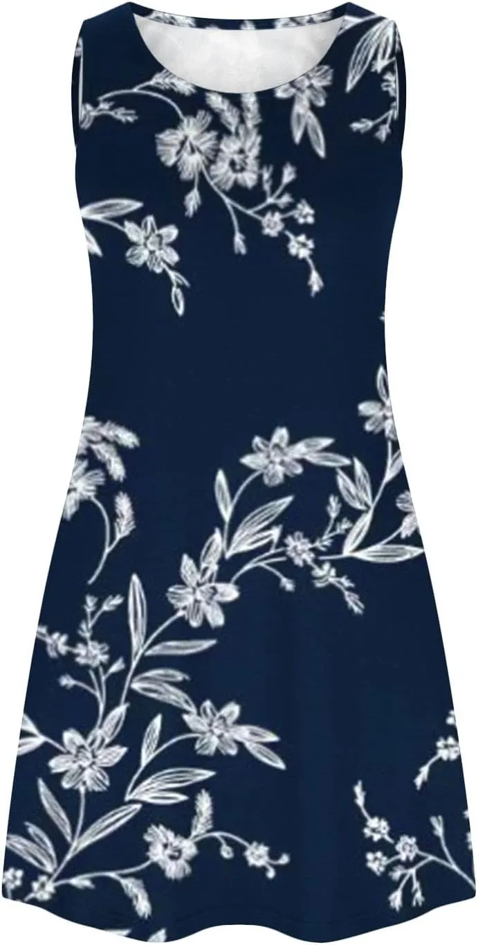 Floral Dresses for Women 2024 Casual Crew Neck Sundresses with Pockets Loose A Line Short Summer Dresses Beach Dress