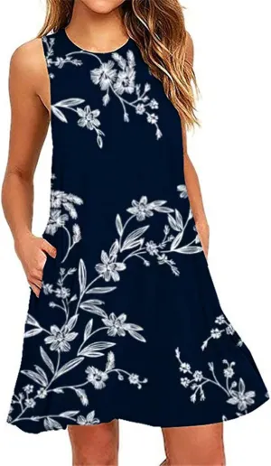 Floral Dresses for Women 2024 Casual Crew Neck Sundresses with Pockets Loose A Line Short Summer Dresses Beach Dress