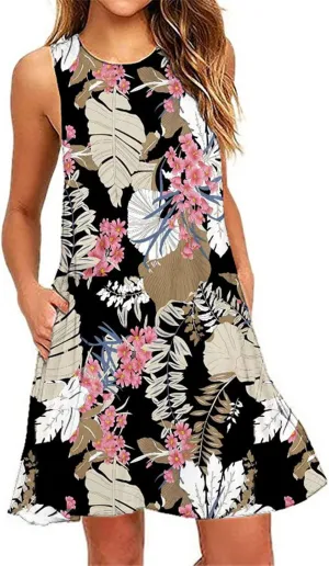 Floral Dresses for Women 2024 Casual Crew Neck Sundresses with Pockets Loose A Line Short Summer Dresses Beach Dress