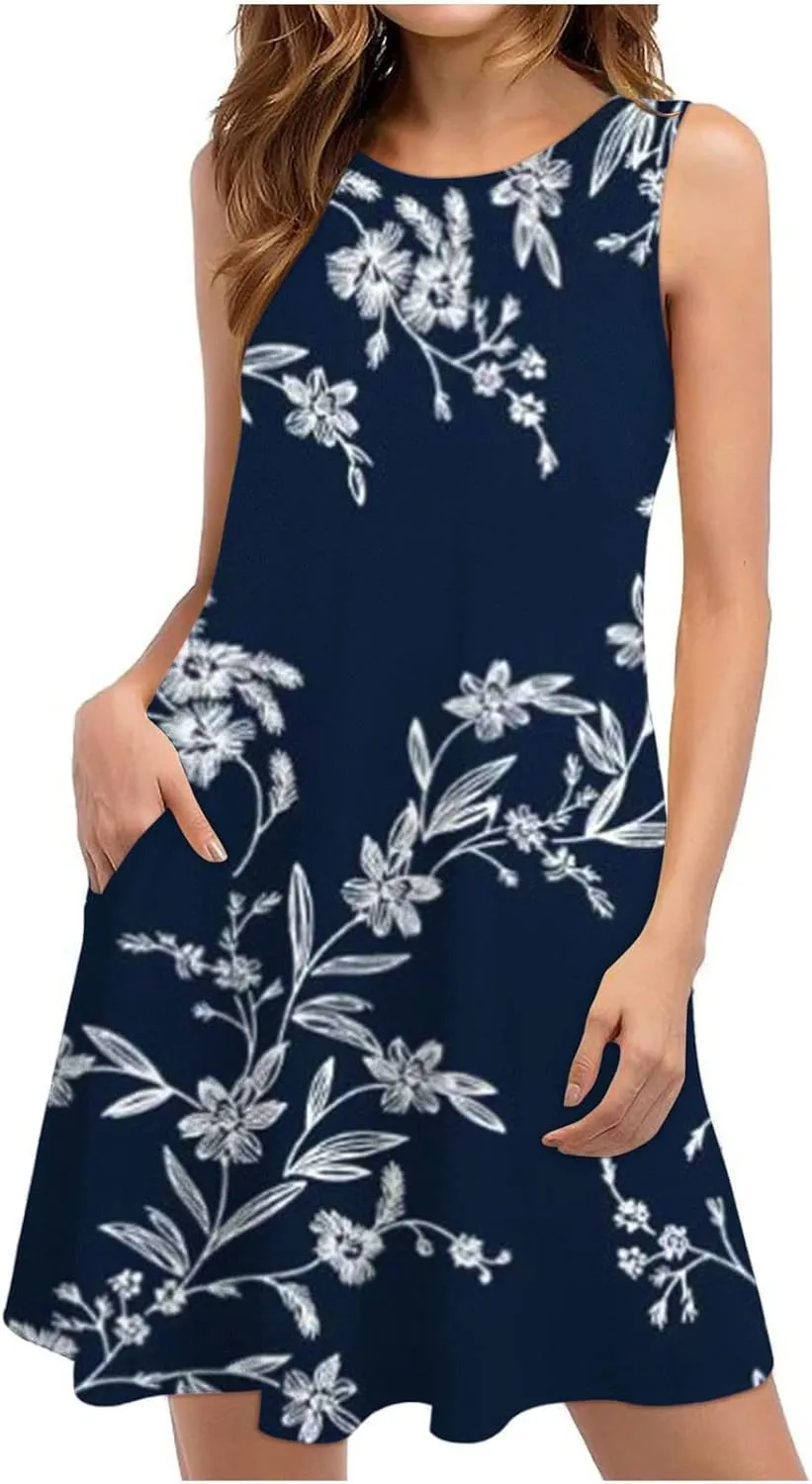 Floral Dresses for Women 2024 Casual Crew Neck Sundresses with Pockets Loose A Line Short Summer Dresses Beach Dress