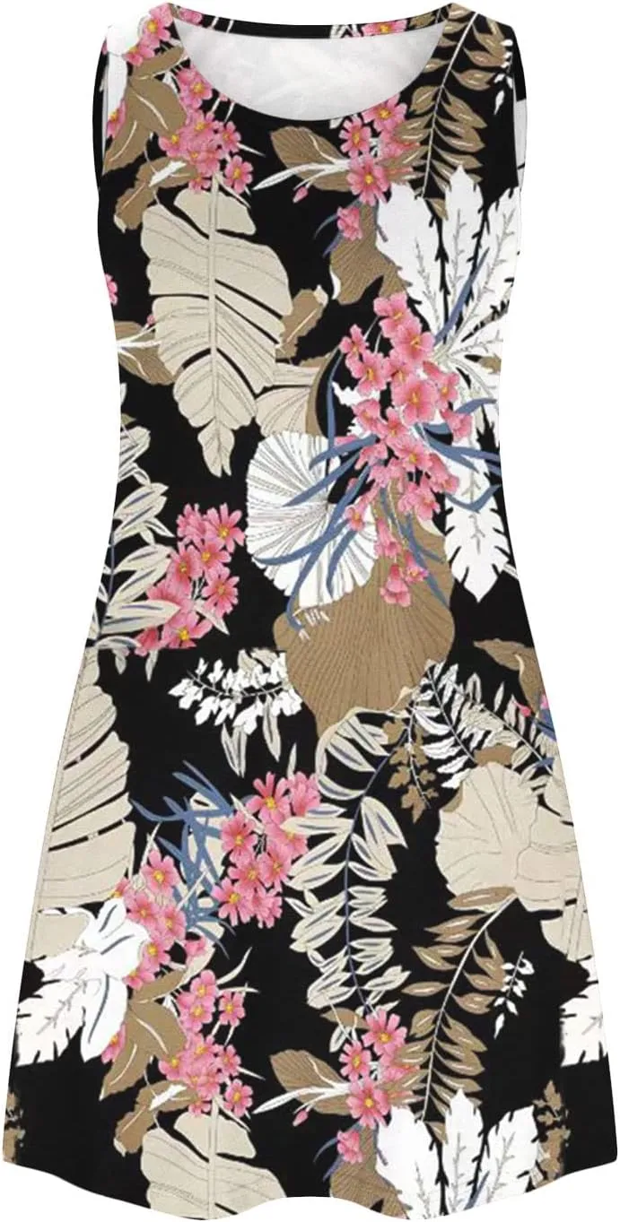 Floral Dresses for Women 2024 Casual Crew Neck Sundresses with Pockets Loose A Line Short Summer Dresses Beach Dress