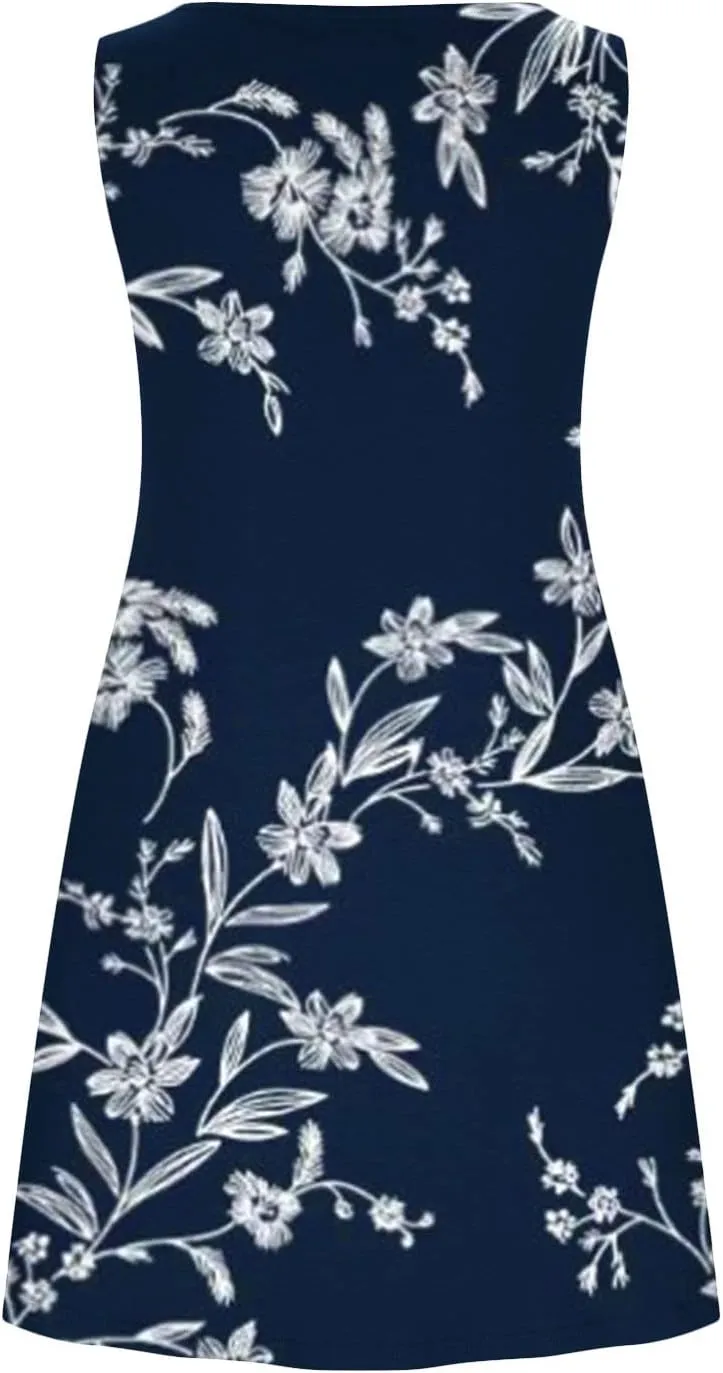 Floral Dresses for Women 2024 Casual Crew Neck Sundresses with Pockets Loose A Line Short Summer Dresses Beach Dress