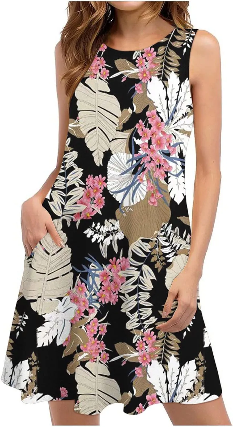 Floral Dresses for Women 2024 Casual Crew Neck Sundresses with Pockets Loose A Line Short Summer Dresses Beach Dress
