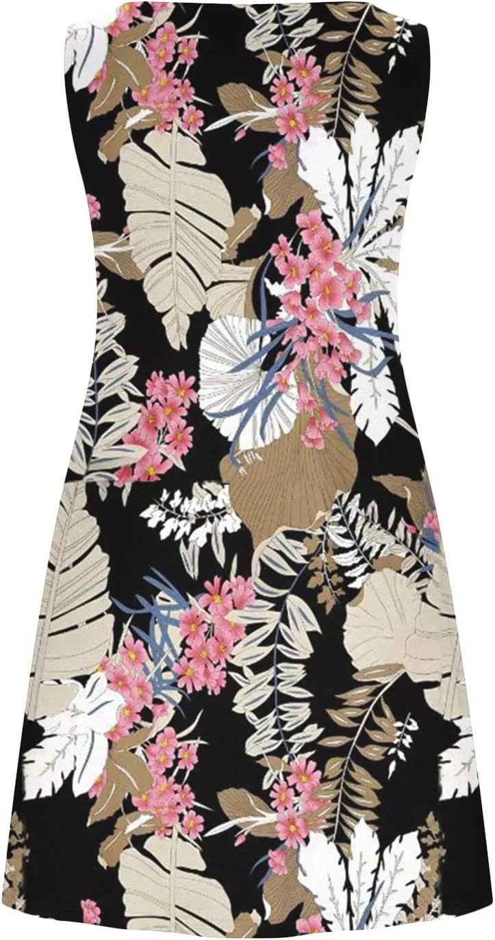 Floral Dresses for Women 2024 Casual Crew Neck Sundresses with Pockets Loose A Line Short Summer Dresses Beach Dress