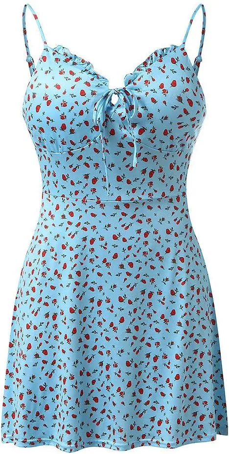 Floral Dresses for Women 2024 Sexy Spaghetti Strap Mini Dress Ruffle Tie Corset Sundress High Waist Summer Dresses