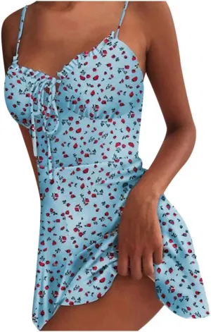 Floral Dresses for Women 2024 Sexy Spaghetti Strap Mini Dress Ruffle Tie Corset Sundress High Waist Summer Dresses