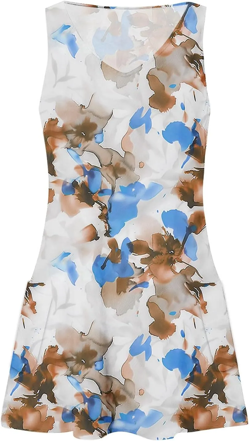 Floral Print Mini Dress for Women Crew Neck Short Sleeve Tank Dresses Summer Beach Vacation Sundress for Ladies