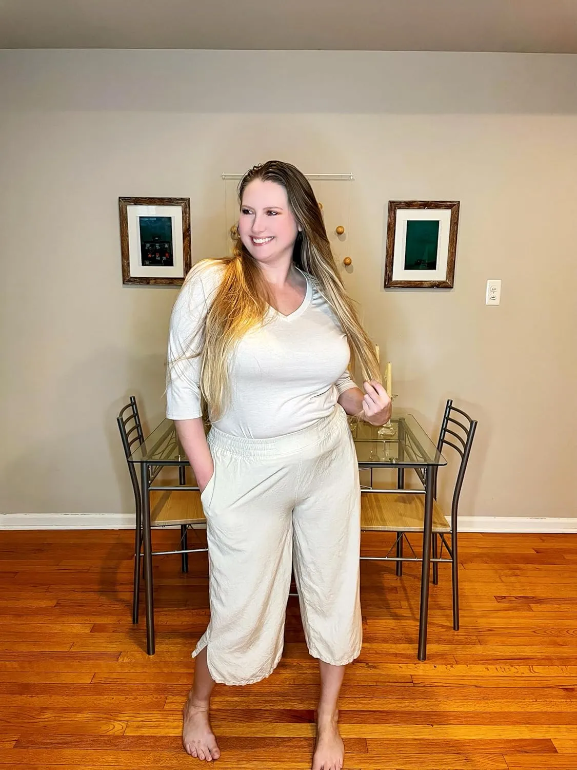 FOREYOND Plus Size Linen Capris Pants Wide Leg Pants Loose Fit Yoga Pants with Pockets Travel Casual 1XL-5XL