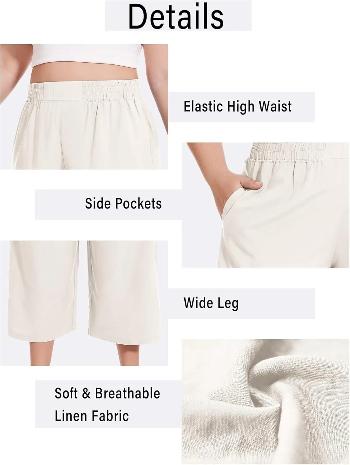 FOREYOND Plus Size Linen Capris Pants Wide Leg Pants Loose Fit Yoga Pants with Pockets Travel Casual 1XL-5XL