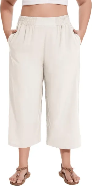 FOREYOND Plus Size Linen Capris Pants Wide Leg Pants Loose Fit Yoga Pants with Pockets Travel Casual 1XL-5XL