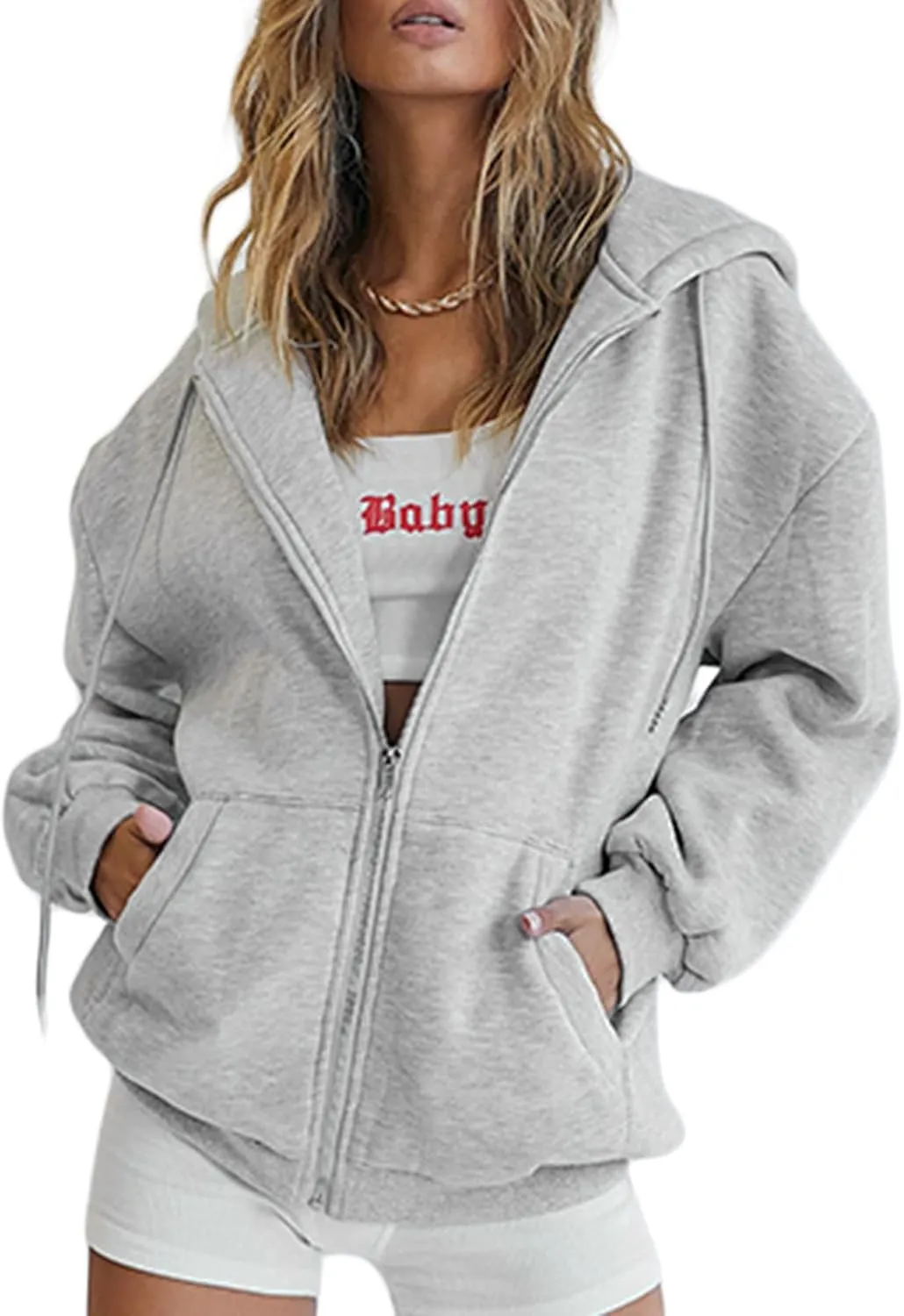Franhais Womens Zip Up Oversized Hoodies Y2k Long Sleeve Drawstring Vintage Sweatshirts Aesthetic Pullover JacketStreetwear