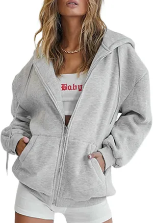 Franhais Womens Zip Up Oversized Hoodies Y2k Long Sleeve Drawstring Vintage Sweatshirts Aesthetic Pullover JacketStreetwear