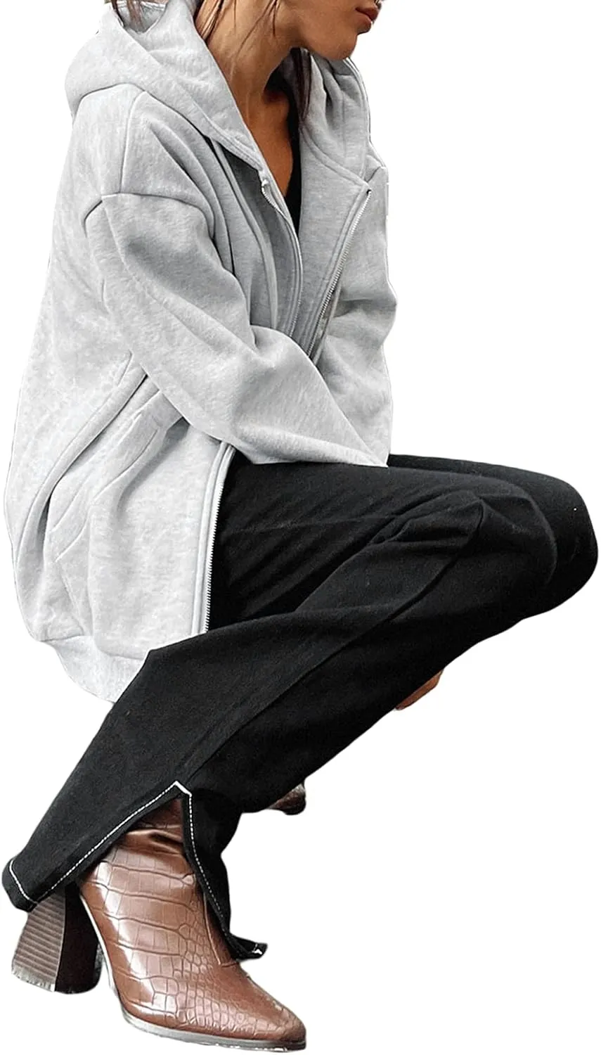 Franhais Womens Zip Up Oversized Hoodies Y2k Long Sleeve Drawstring Vintage Sweatshirts Aesthetic Pullover JacketStreetwear