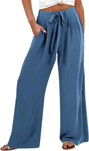 FZVYD Wide Leg Pants for Woman Linen Palazzo High Waisted Drawstring 2025 Summer Casual Business Beach Vacation Pant Trousers