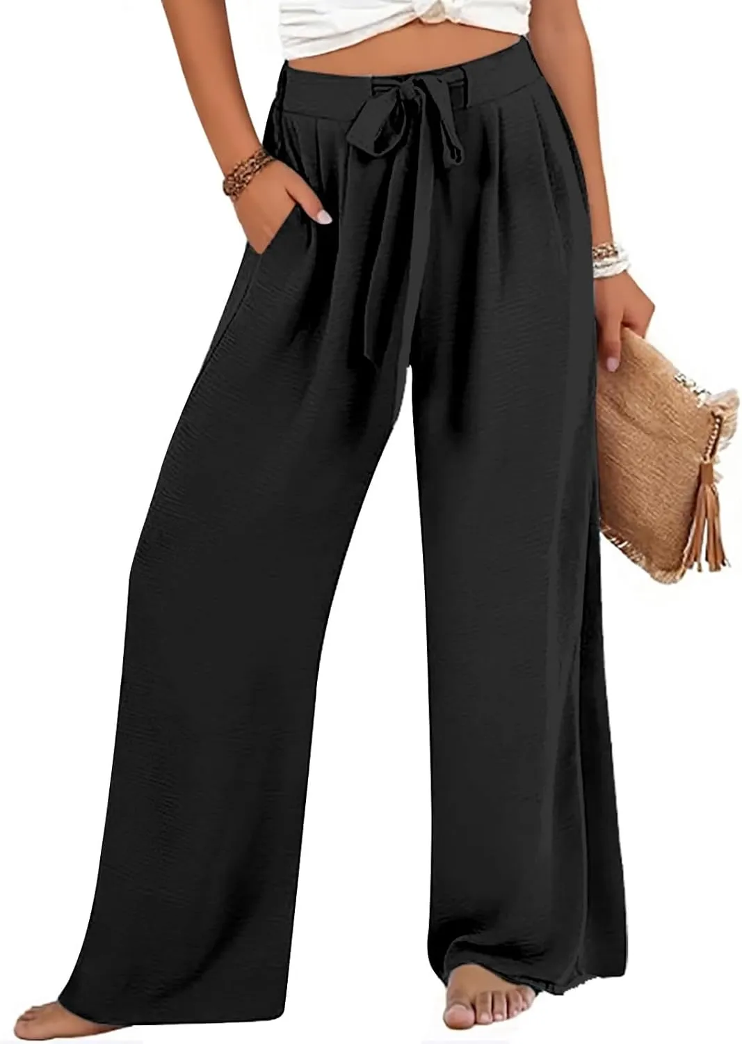 FZVYD Wide Leg Pants for Woman Linen Palazzo High Waisted Drawstring 2025 Summer Casual Business Beach Vacation Pant Trousers