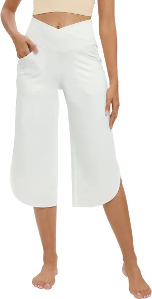 G4Free Capri Pants for Women Wide Leg Yoga Pants for Summer Flowy Capris Loose Casual Cropped Pants with Pockets