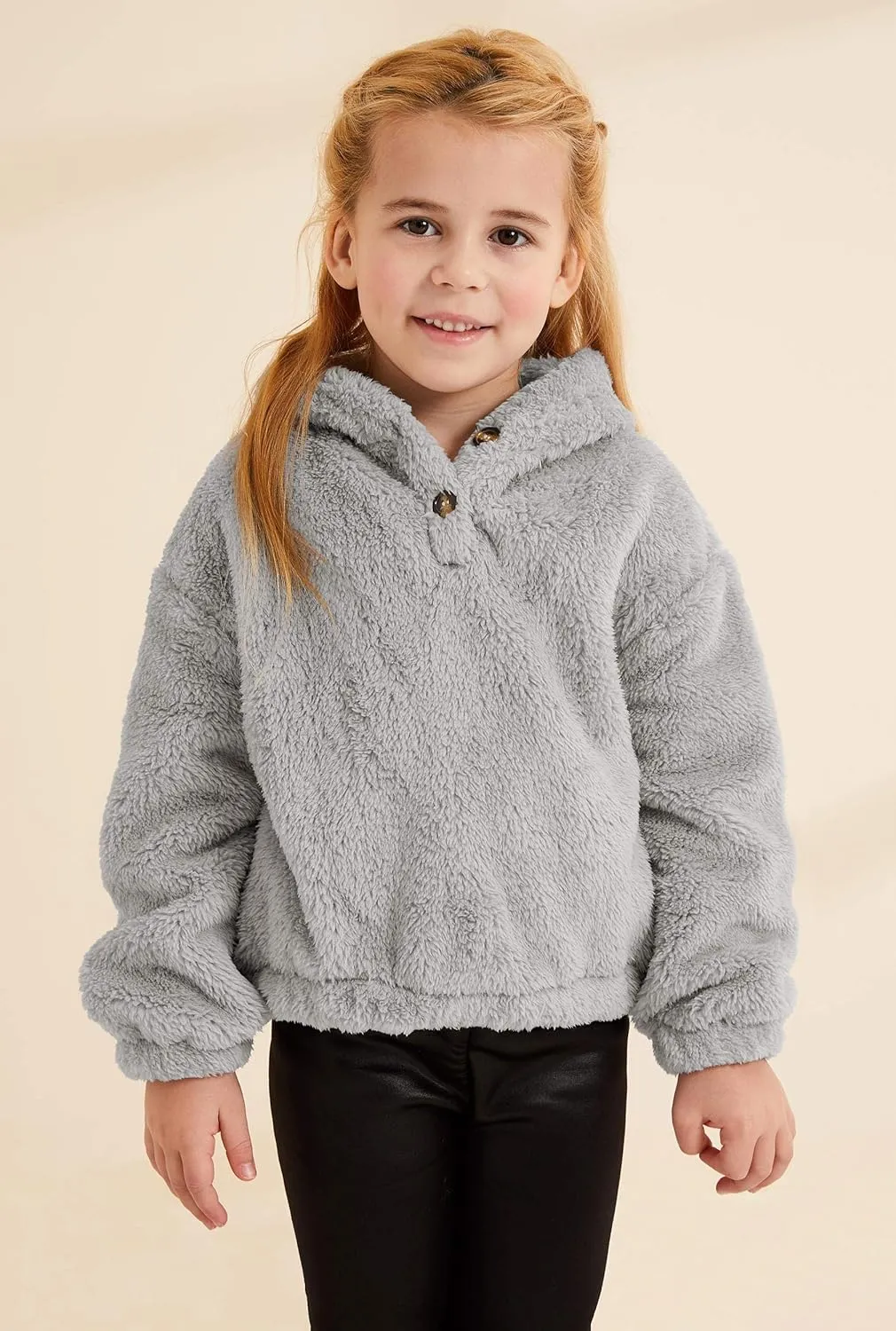 GAMISOTE Kids Girl's Fuzzy Hoodies Warm Loose Button Down Pullover Sherpa Jacket Top