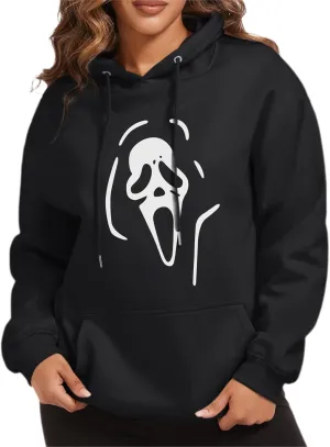 Ghostface Print Graphic Hoodies for Women Halloween Funny Spooky Hooded Sweatshirt Vintage Pullover Casual Tops