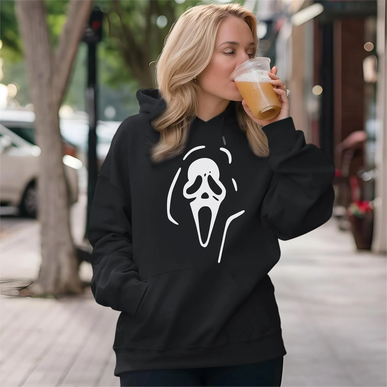 Ghostface Print Graphic Hoodies for Women Halloween Funny Spooky Hooded Sweatshirt Vintage Pullover Casual Tops
